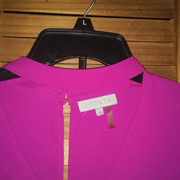 1 State SZ XS Deep V Choker Collar Slit Back Pink Chiffon Fabric Buttons Blouse - Picture 3 of 6